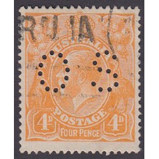 Australian    King George V    4d Orange   Single Crown WMK  Perf O.S. Plate Variety 2L27..